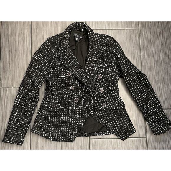 Rachel Zoe Tweed Double Breasted Black Blazer Jacket Wool Blend Size Medium - Picture 1 of 6